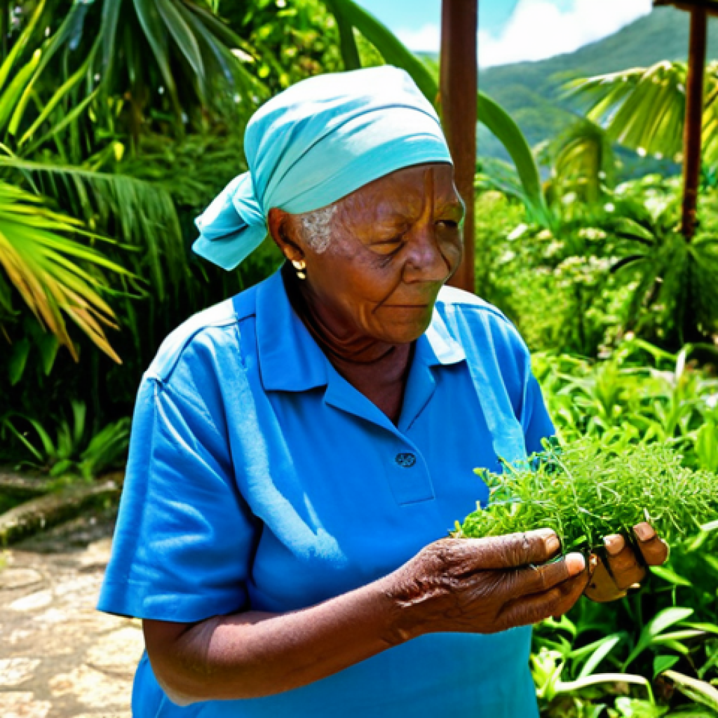 A wise, elderly local practitioner, fully clothed in modest, traditional Caribbean attire, gently examining vibrant medicinal herbs in a lush, sun-drenched traditional herb garden in St. Vincent and the Grenadines. The setting features diverse tropical plants and clear natural light. Her expression is serene and knowledgeable, reflecting deep respect for nature. perfect anatomy, correct proportions, natural pose, well-formed hands, proper finger count, natural body proportions, professional photography, high quality, safe for work, appropriate content, fully clothed, modest, family-friendly.