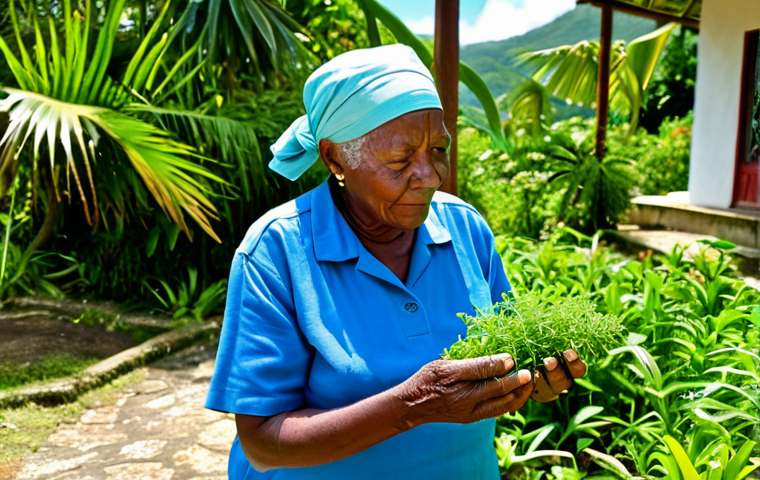 A wise, elderly local practitioner, fully clothed in modest, traditional Caribbean attire, gently examining vibrant medicinal herbs in a lush, sun-drenched traditional herb garden in St. Vincent and the Grenadines. The setting features diverse tropical plants and clear natural light. Her expression is serene and knowledgeable, reflecting deep respect for nature. perfect anatomy, correct proportions, natural pose, well-formed hands, proper finger count, natural body proportions, professional photography, high quality, safe for work, appropriate content, fully clothed, modest, family-friendly.