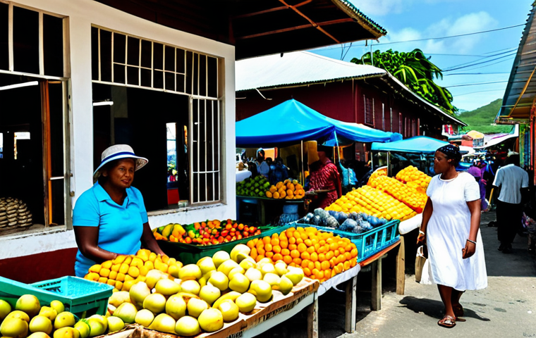 A vibrant market scene in Kingstown, St. Vincent and the Grenadines. A person in modest, comfortable, and appropriate attire is browsing colorful stalls overflowing with fresh tropical fruits like mangoes and papayas, and various local vegetables. In the background, local vendors are engaged in lively conversation, with glimpses of traditional Caribbean architecture under a bright, sunny sky. The atmosphere is warm and inviting. Perfect anatomy, correct proportions, natural pose, well-formed hands, proper finger count, natural body proportions. Professional market scene photography, high quality, realistic, natural lighting, fully clothed, modest clothing, appropriate attire, safe for work, appropriate content, family-friendly.
