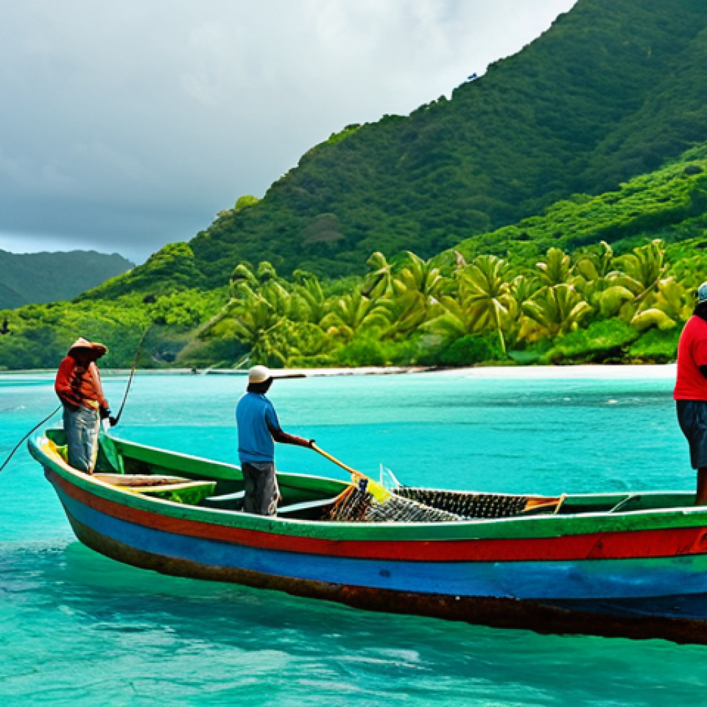 Traditional Fishing Scene**
"A brightly colored traditional fishing boat, fully clothed fishermen hauling in nets filled with fish near a Caribbean island, turquoise water, lush green hills in the background, safe for work, appropriate content, fully clothed, professional quality, perfect anatomy, natural proportions, family-friendly, clear details."
**
