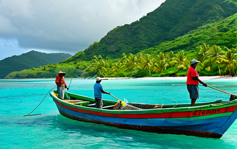 Traditional Fishing Scene**

"A brightly colored traditional fishing boat, fully clothed fishermen hauling in nets filled with fish near a Caribbean island, turquoise water, lush green hills in the background, safe for work, appropriate content, fully clothed, professional quality, perfect anatomy, natural proportions, family-friendly, clear details."

**