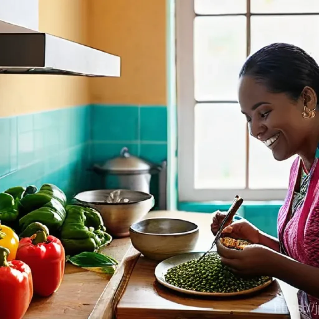 세인트빈센트 그레나딘에서 배우는 현지 요리 클래스 - **Prompt:** A cozy, sunlit Caribbean home kitchen filled with the aroma of spices. A cheerful local ...