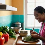세인트빈센트 그레나딘에서 배우는 현지 요리 클래스 - **Prompt:** A cozy, sunlit Caribbean home kitchen filled with the aroma of spices. A cheerful local ...
