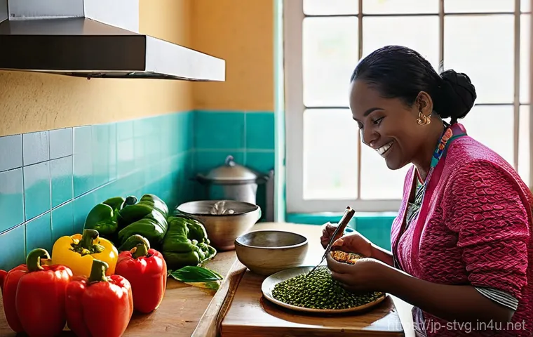 세인트빈센트 그레나딘에서 배우는 현지 요리 클래스 - **Prompt:** A cozy, sunlit Caribbean home kitchen filled with the aroma of spices. A cheerful local ...