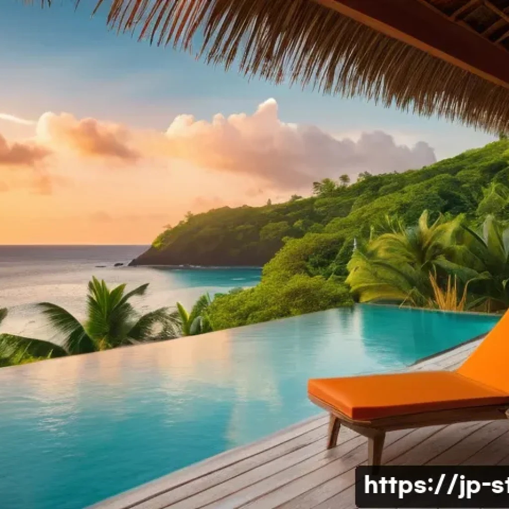 세인트빈센트 그레나딘의 리조트 추천 - A serene beach resort scene on the Saint Vincent and the Grenadines islands during golden hour, feat...