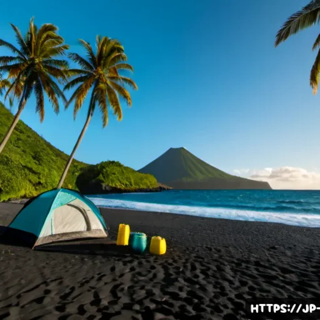 세인트빈센트 그레나딘에서 캠핑 가능한 지역 - Photorealistic coastal camping scene on a secluded black-sand beach in Saint Vincent and the Grenadi...
