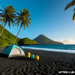 세인트빈센트 그레나딘에서 캠핑 가능한 지역 - Photorealistic coastal camping scene on a secluded black-sand beach in Saint Vincent and the Grenadi...