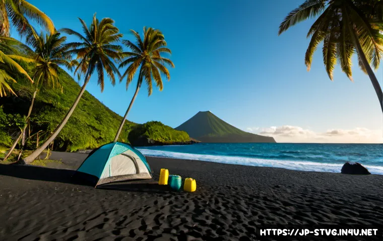 세인트빈센트 그레나딘에서 캠핑 가능한 지역 - Photorealistic coastal camping scene on a secluded black-sand beach in Saint Vincent and the Grenadi...