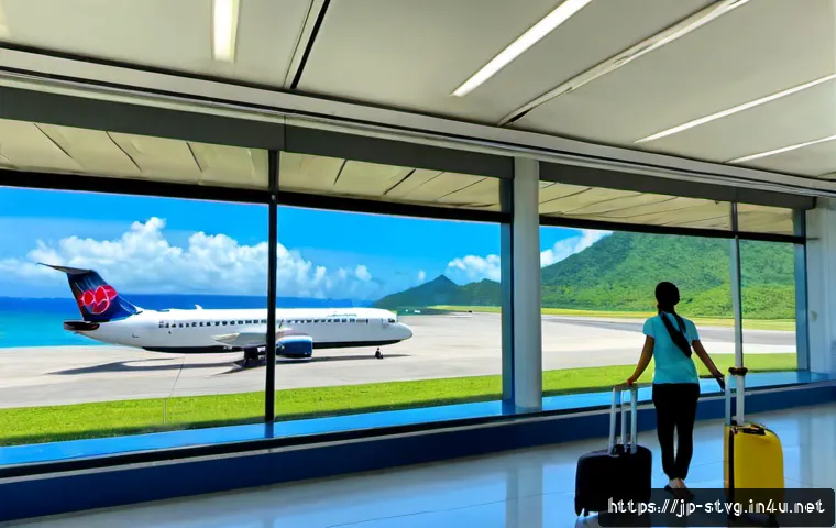 세인트빈센트 그레나딘 항공편 정보 - Photorealistic wide-angle view of a modern airport departure lounge for a Caribbean island journey, ...
