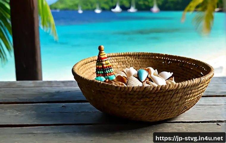 세인트빈센트 그레나딘에서 기념품 추천 - Photorealistic travel souvenir display from Saint Vincent and the Grenadines, a handwoven straw mark...