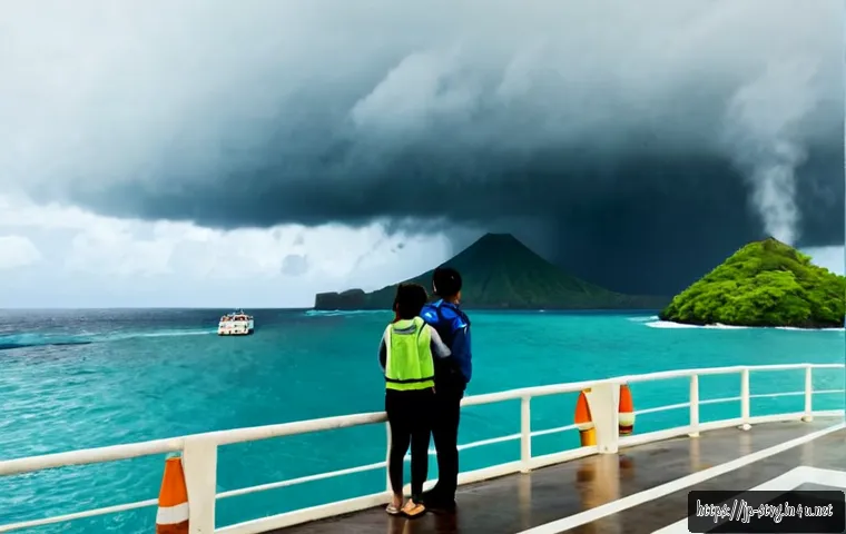 세인트빈센트 그레나딘에서 주의할 점 - Photorealistic travel safety scene in Saint Vincent and the Grenadines, a cautious Japanese couple s...