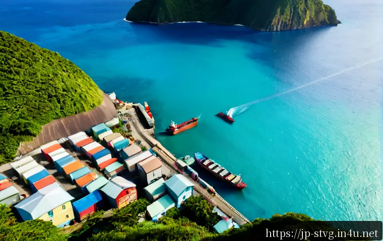세인트빈센트 그레나딘의 경제 및 산업 구조 - Photorealistic aerial view of a Caribbean island harbor economy, small cargo ships and fishing boats...